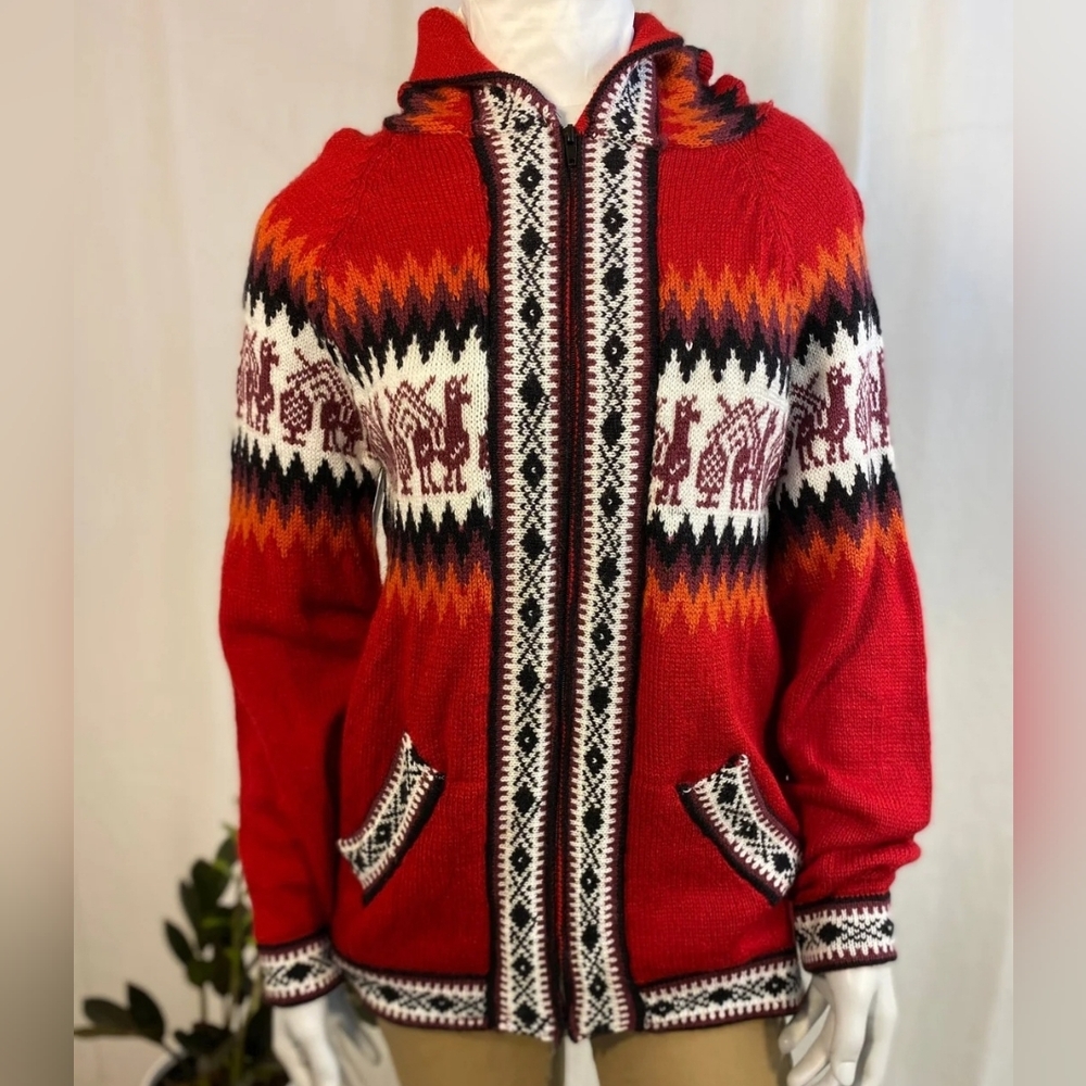 Alpaca Red Patterned Hooded Men's Sweater